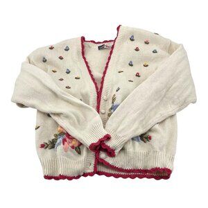 Lucia Petites Small Ivory Cardigan With Floral Embroidery & Pink Trim Vintage